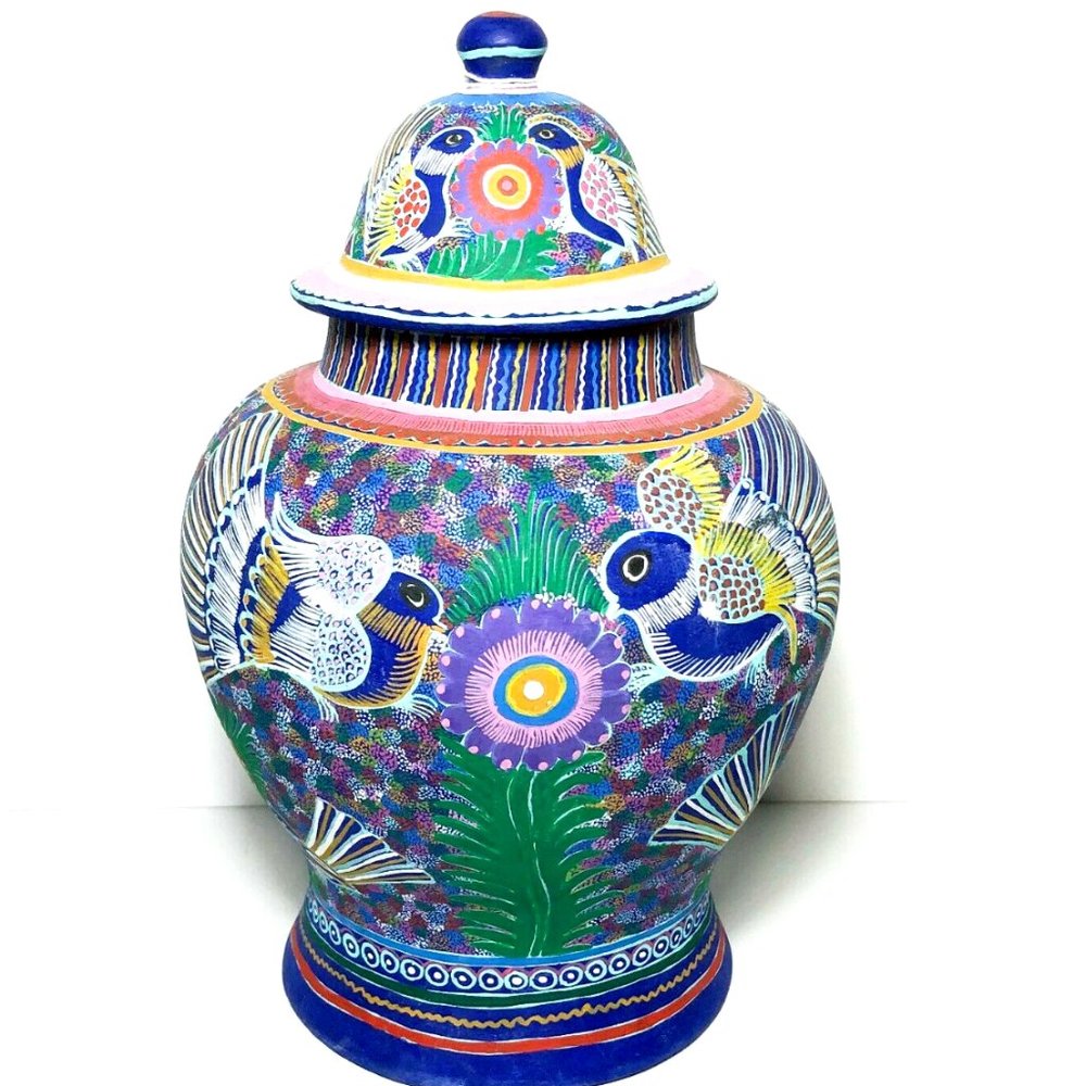 Vintage XLarge Terracotta Ginger Jar Mexican Hand Painted Pottery Floral Design